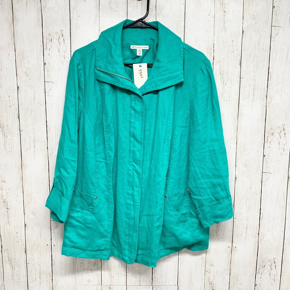 JM Collection Woman Linen Jacket Womens Size 16W Teal Turquoise Zip Snap Utility